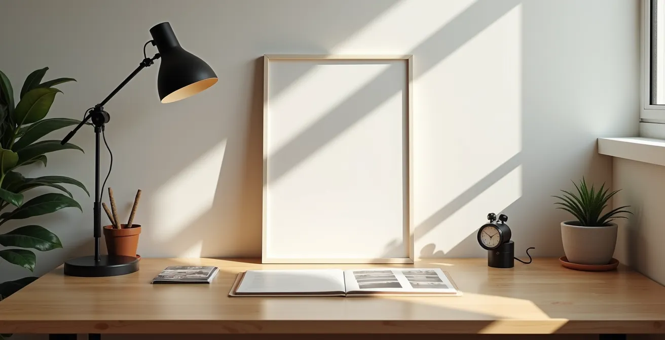 Vue d'ensemble d'un espace de travail organisé pour la numérisation avec négatifs triés, enveloppes neutres et équipement simple