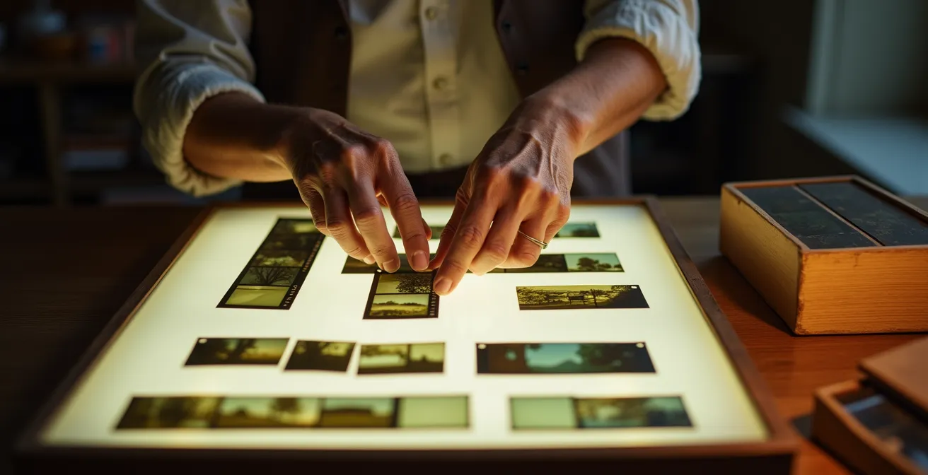Mains expertes triant délicatement des bandes de négatifs sur une table lumineuse, créant un jeu d'ombres et de transparences