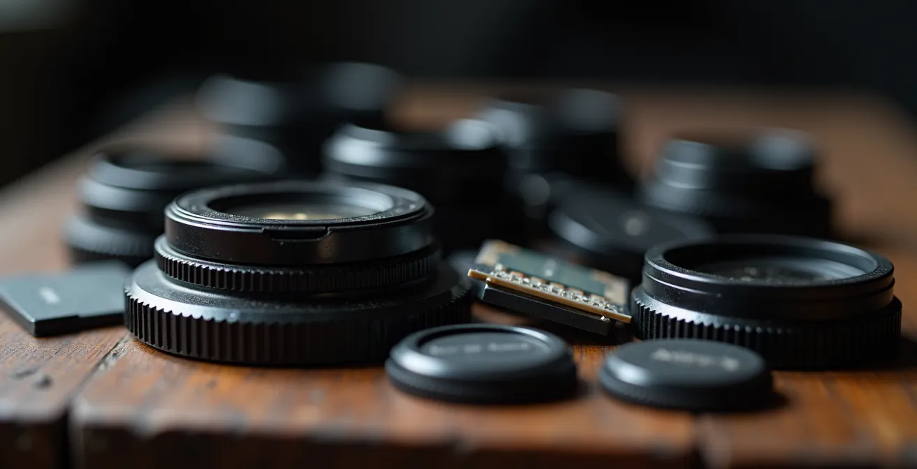 Détail macro d'objectifs et accessoires photo incompatibles sur une table