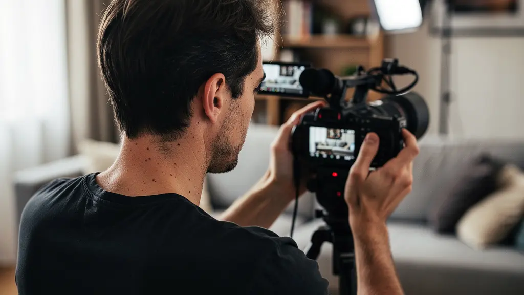 Opérateur vidéo vérifiant les réglages sur l'écran arrière de son caméscope en studio