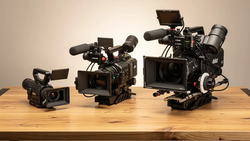 Trois caméscopes professionnels de tailles différentes posés sur table de travail pour comparaison visuelle