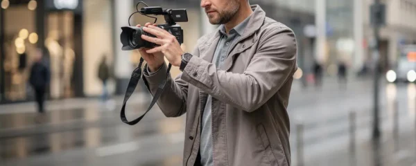 Vidéaste filmant en extérieur urbain avec caméscope de poing pour captation mobile