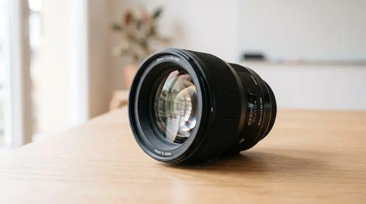 Gros plan sur un objectif photographique professionnel à focale fixe lumineuse posé sur une surface de travail contemporaine, lentille frontale nette et bagues de réglage visibles