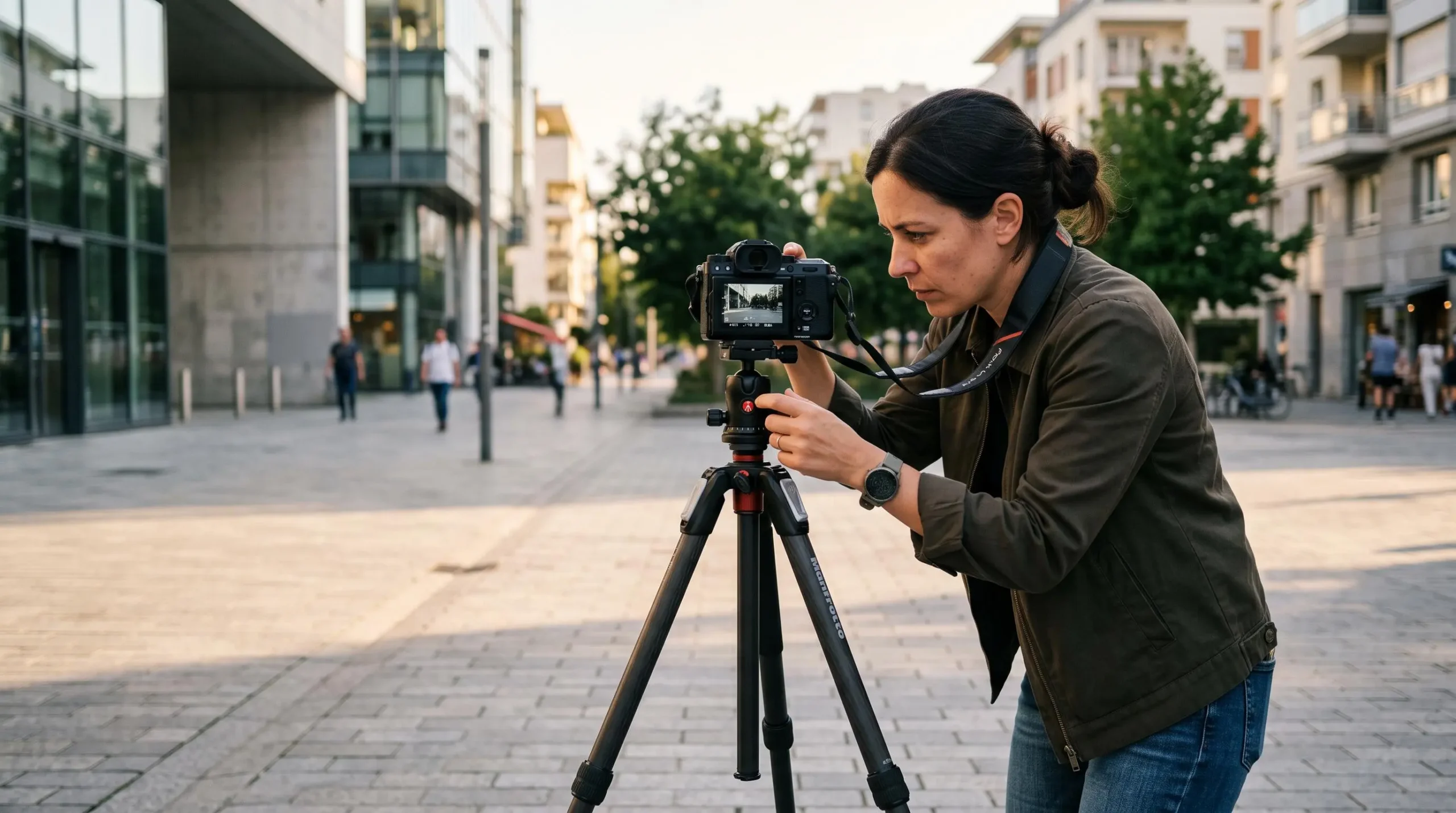 Photographe professionnel ajustant avec précision son appareil photo hybride monté sur un trépied carbone stable, en préparation d'une prise de vue dans un contexte urbain moderne