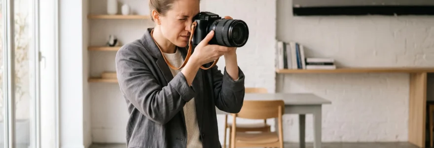 Photographe professionnel cadrant attentivement une prise de vue avec un appareil photo hybride et un objectif premium dans un environnement de shooting lumineux et moderne